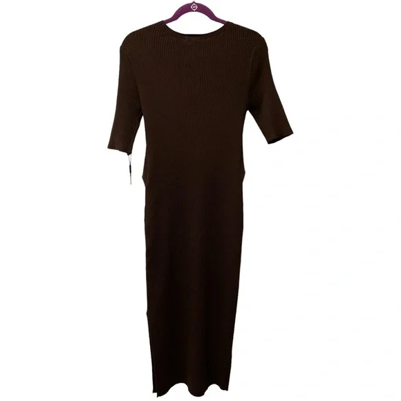 Calvin Klein Chocolate Brown Ribbed Short-Sleeved Dress w/Back Side Slit, Medium Calvin Klein Chocolate Brown Ribbed Short-Sleeved Dress w/Back Side Slit, Medium
